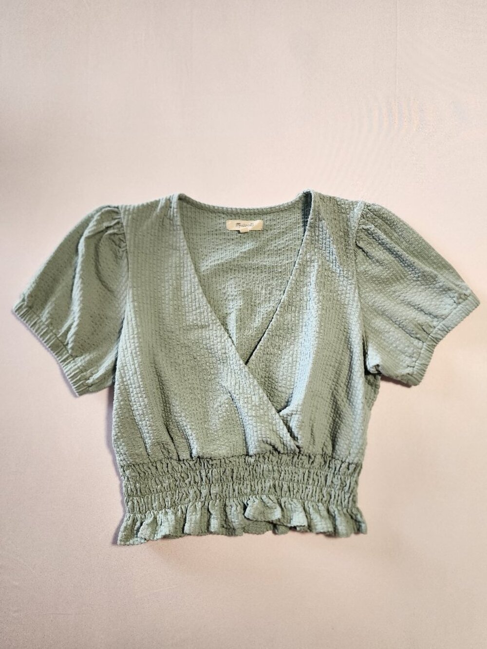 Madewell Do Well Knit Seersucker Smock-Waist Crop Faux Wrap Top Blouse Size S